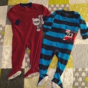 Fleece footie pajamas, fire truck, raccoon